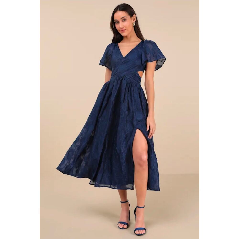 NWT Lulus Hilly Navy Floral Jacquard Lace-Up Midi Dress. Size S. Ret. $69